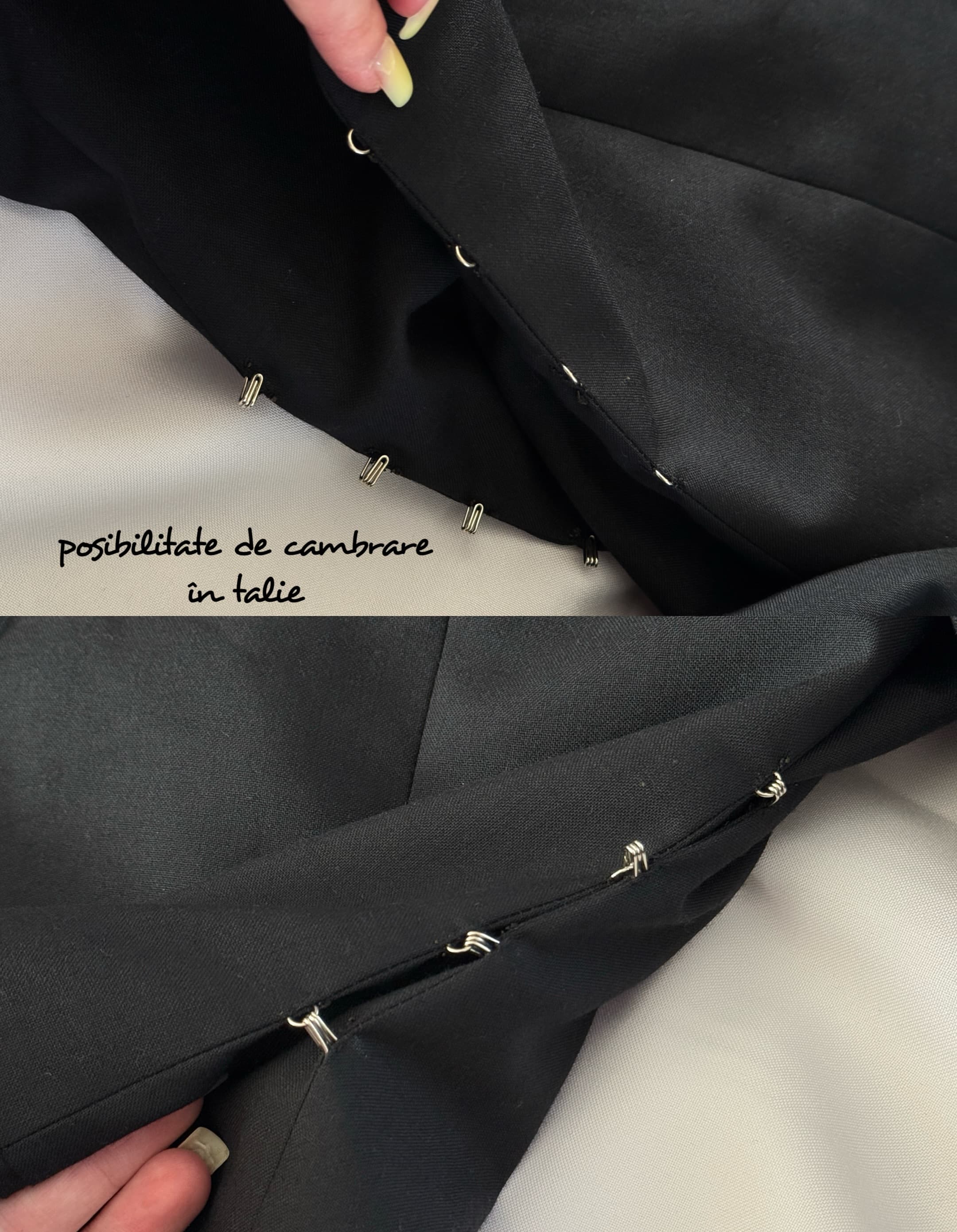 Rows of hook and eye fastenings sewn into a black garment so the waist can be cinched
