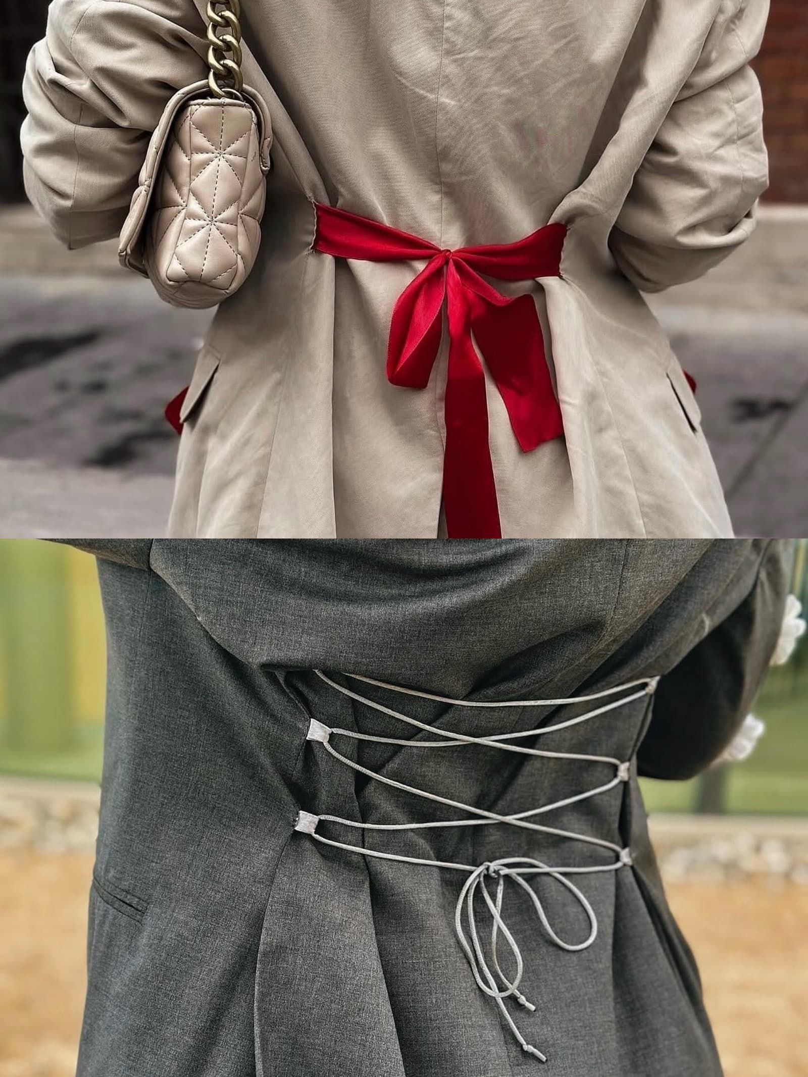 Two cinched backs: a cream trench tied with a wide red satin bow, and a grey blazer laced shut with white cord through metal eyelets