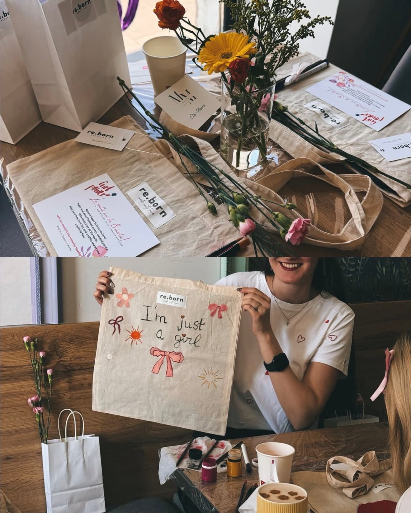 A workshop table with flowers and materials, and someone holding up the tote bag they painted